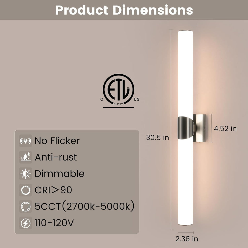 Wall Sconce 30.4 Inch Brushed Nickel Bathroom Sconces Led Wall Lights with Acrylic Shade Hardwired Long Vanity