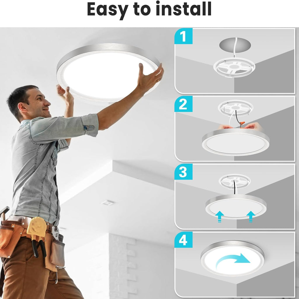 16 inch Flush Mount LED Ceiling Light Fixture, 3000K 4000K 6500K Adjustable, 36W 3200lm Brushed Nickel Satin Round