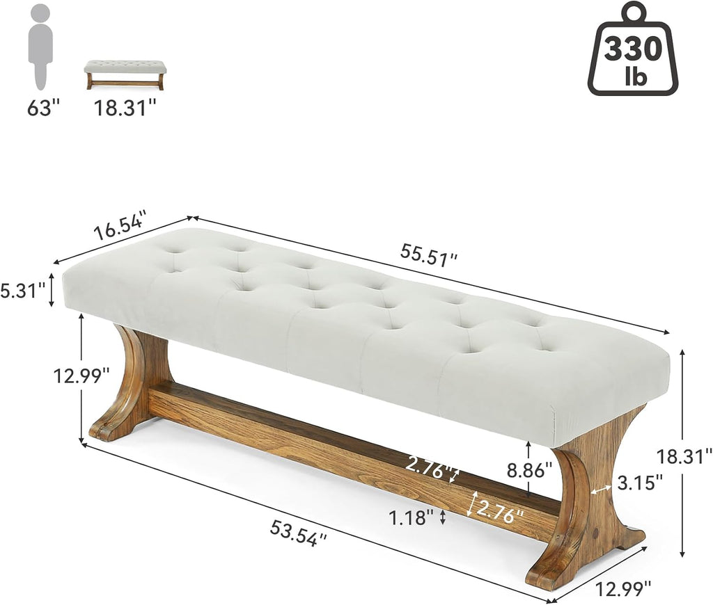 55" Upholstered End of Bed Bench, Solid Wood Tufted Entryway Bench, Farmhouse Ottoman with Cushion , Foot of Bed