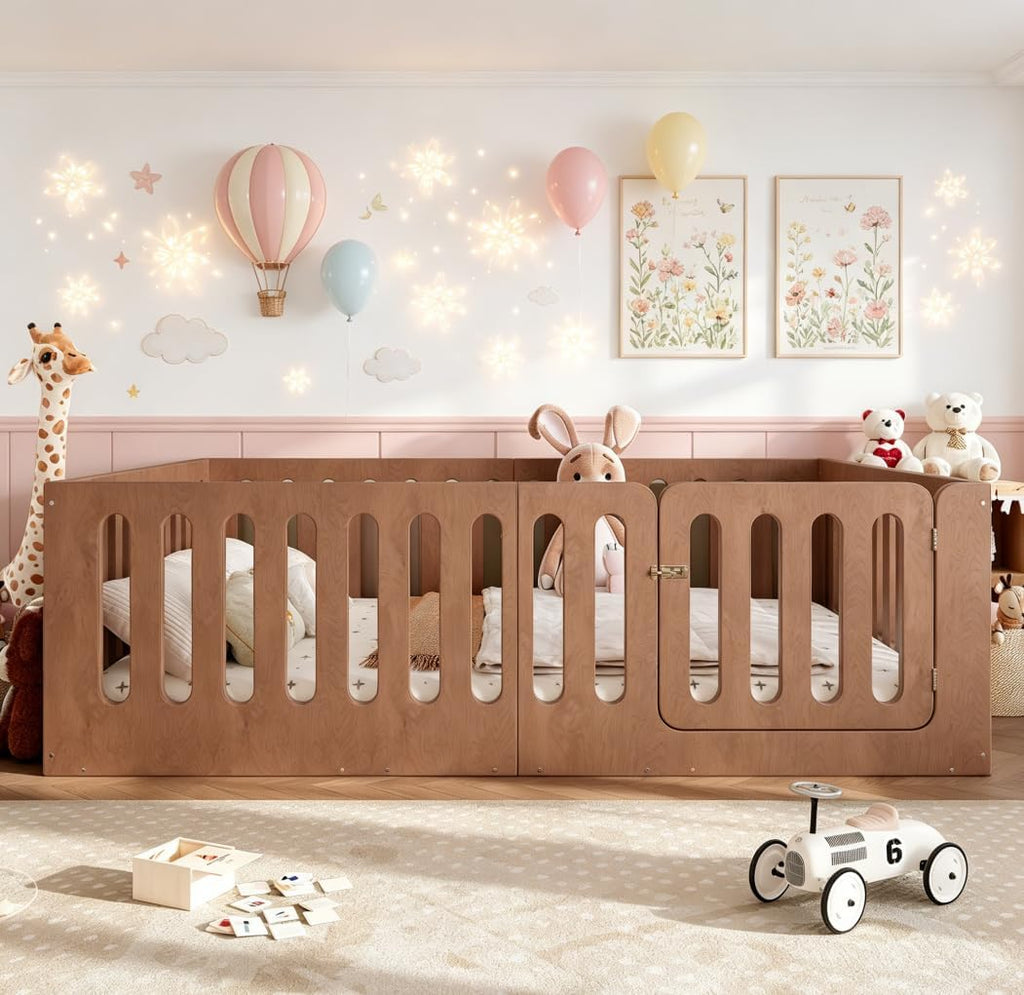 Queen Floor Bed with Door for Kids, Queen Size Floor Bed with High Fence, Wooden Montessori Beds for Kids, Deep