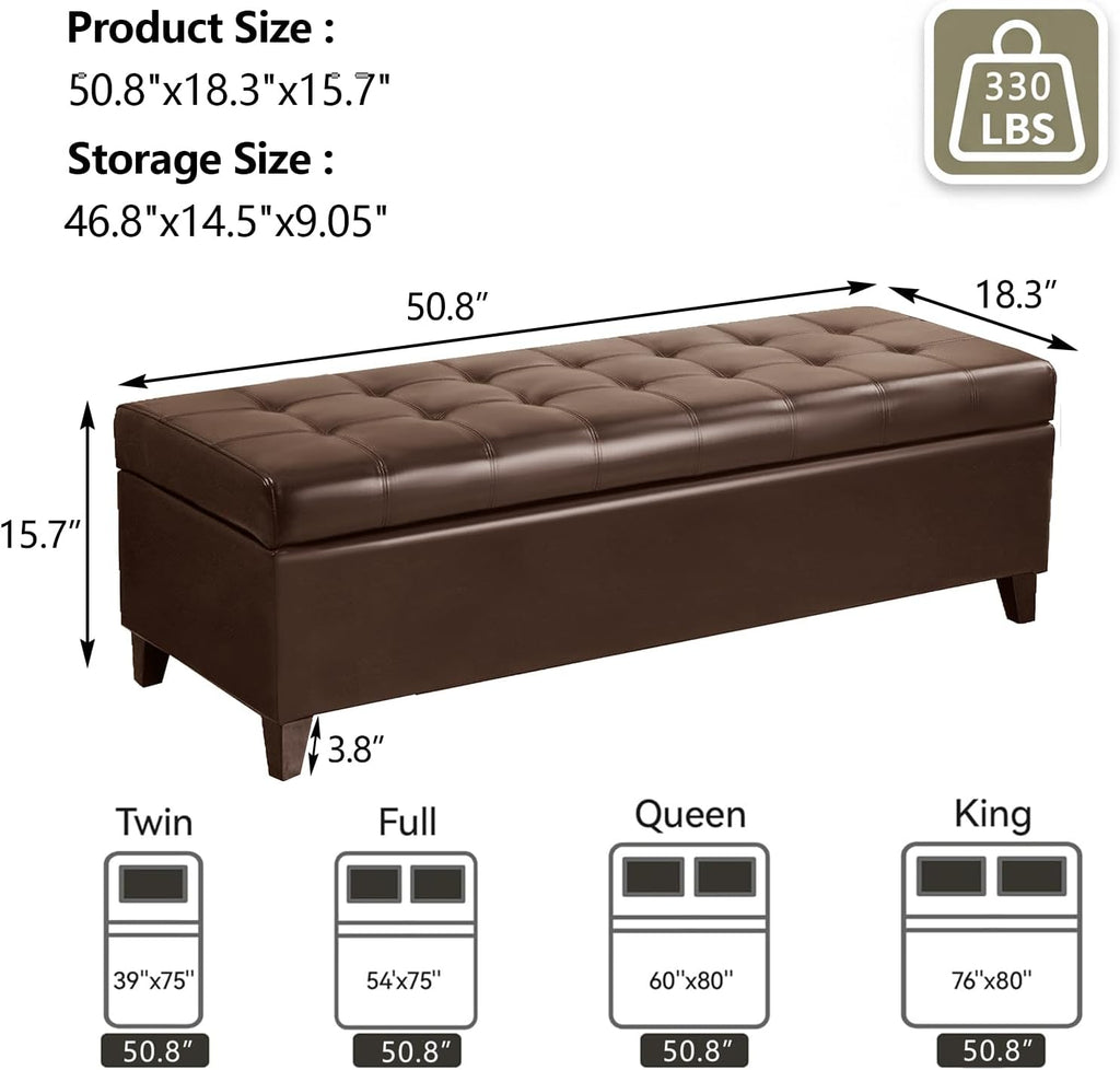 51 Inch Storage Bench,Leather Tufted Storage Ottoman with Legs | Safety Hinges,Wooden Legs,Upholstered,End of