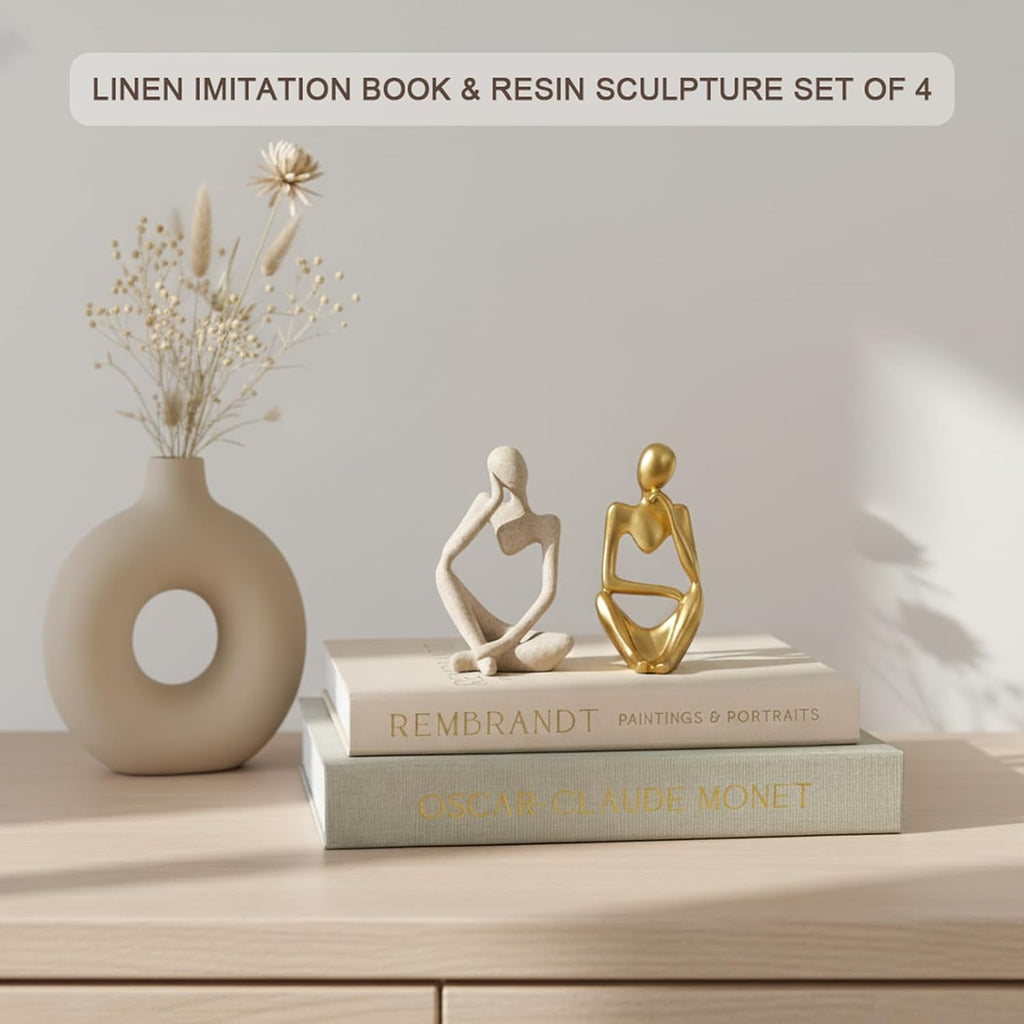 Decorative Books & Thinker Sculptures Set - Linen Boxes & Resin Figurines Enhance Your Coffee Table, Bookshelf or