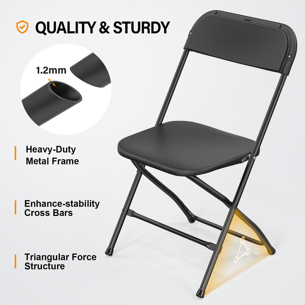 10 Pack Black Plastic Folding Chair, Indoor Outdoor Portable Stackable Commercial Seat with Steel Frame 350lb.
