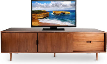 Mid‑Century Modern TV Stand for 55-90‑Inch TVs, Walnut Sliding Door Entertainment Center, Adjustable Shelves with