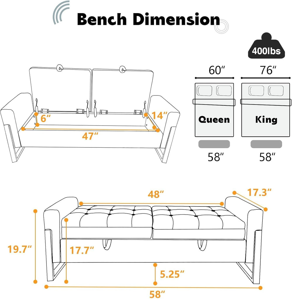 67" Storage Bench End of Bed King Size, Light Cream | Double Lids, Upholstered Faux Leather Storage Bench with Golden