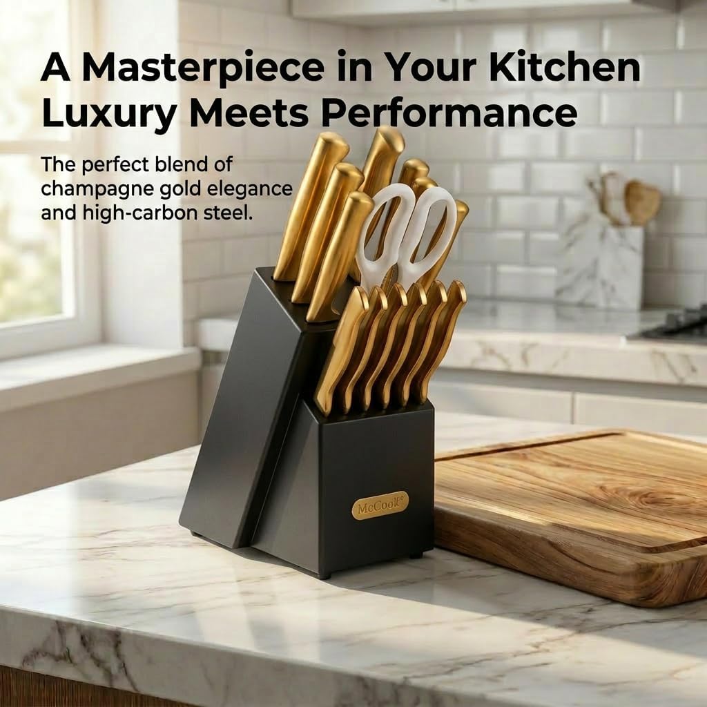Knife Sets, Golden Titanium Stainless Steel Kitchen Knife Block Sets with Built-in Sharpener, 15 Piece Knives