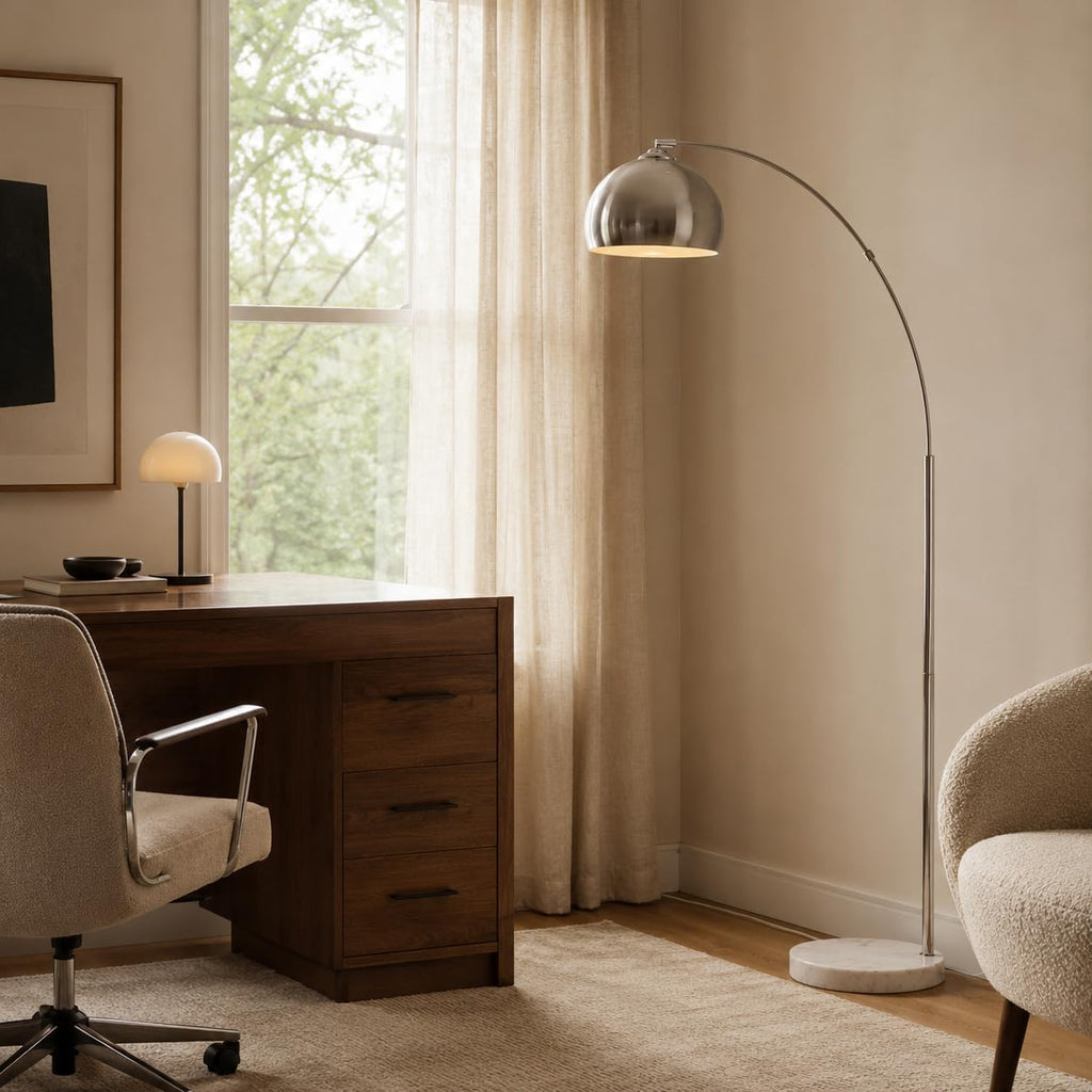 Arquer 68.1" Arc Floor Lamps, Home Offices, Dining Rooms, Bedrooms with Faux White Marble Base and Nickel Bell Shade