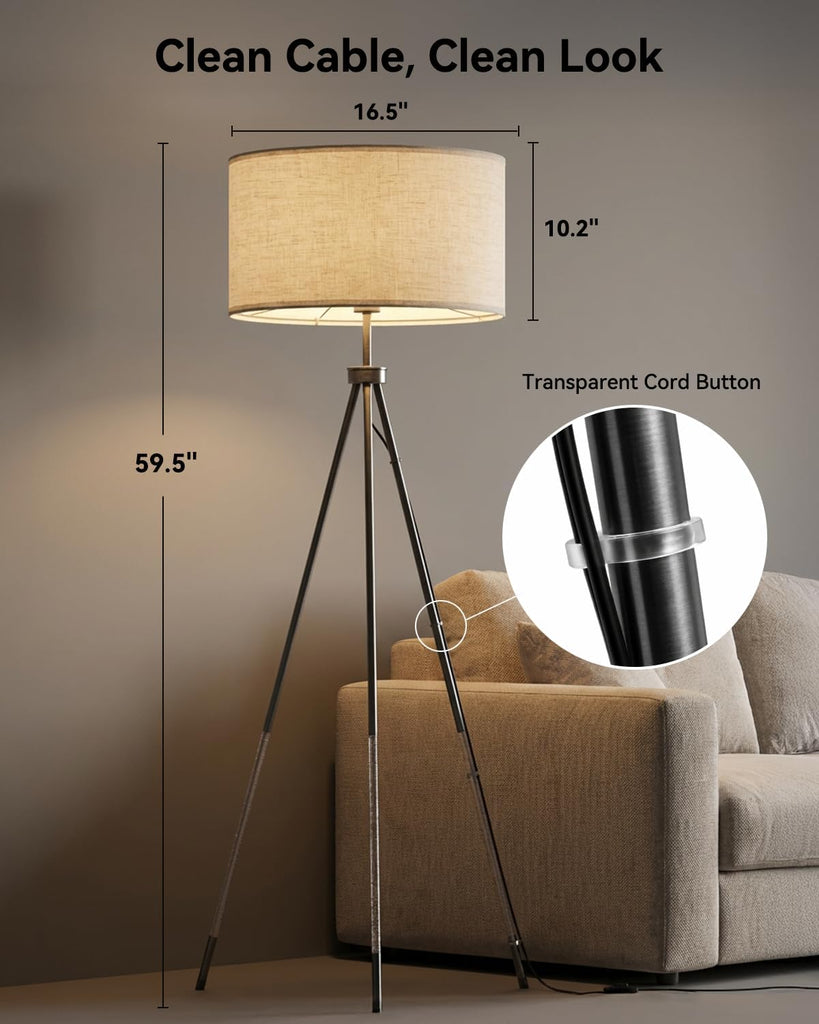 Tripod Floor Lamp with Remote Control, Stepless Dimmable Tall Floor Lamp with Fabric Shade