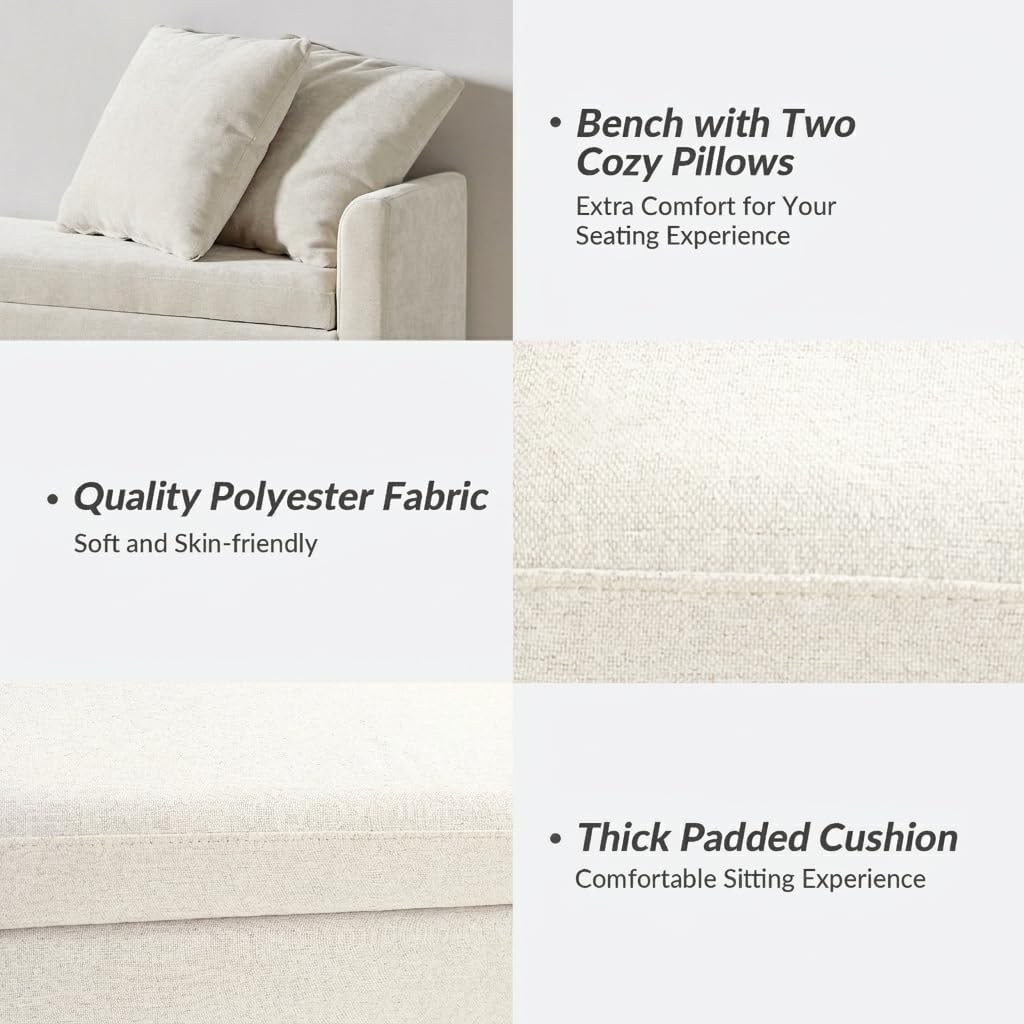 59" Storage Bench with 2 Throw Pillows & Armrests, Linen | Modern Long Bedroom Bench for End of Bed, Comfy