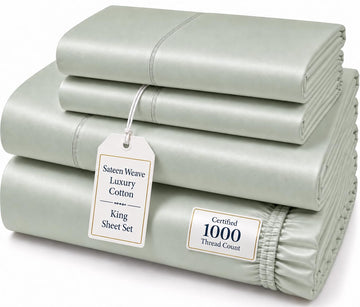 King Bed Sheets Deep Pocket King Sheet Set, 1000 Thread Count Long Staple Fully Elasticated 100% Cotton Sheet &