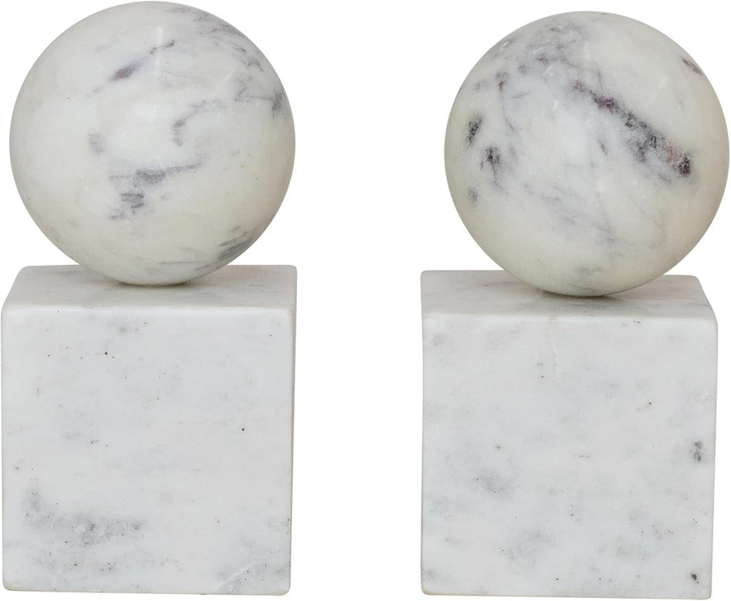 2-Piece Marble Geometric Bookends, White