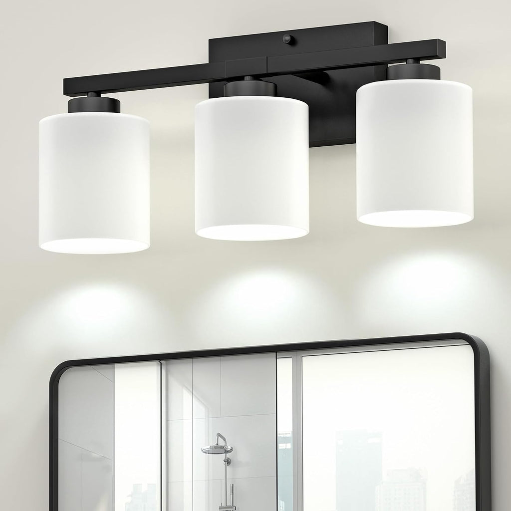 Bathroom Light Fixtures Black, 3-Light Vanity Lights Over Mirror | Modern Bathroom Vanity Light, Frosted Shades