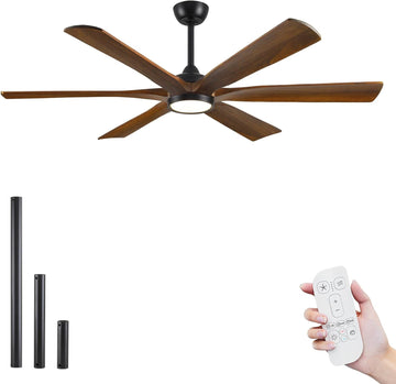 60 Inch Ceiling Fan with Light and Remote, Rustic Farmhouse Style, 6 Brown Solid Wood Blades