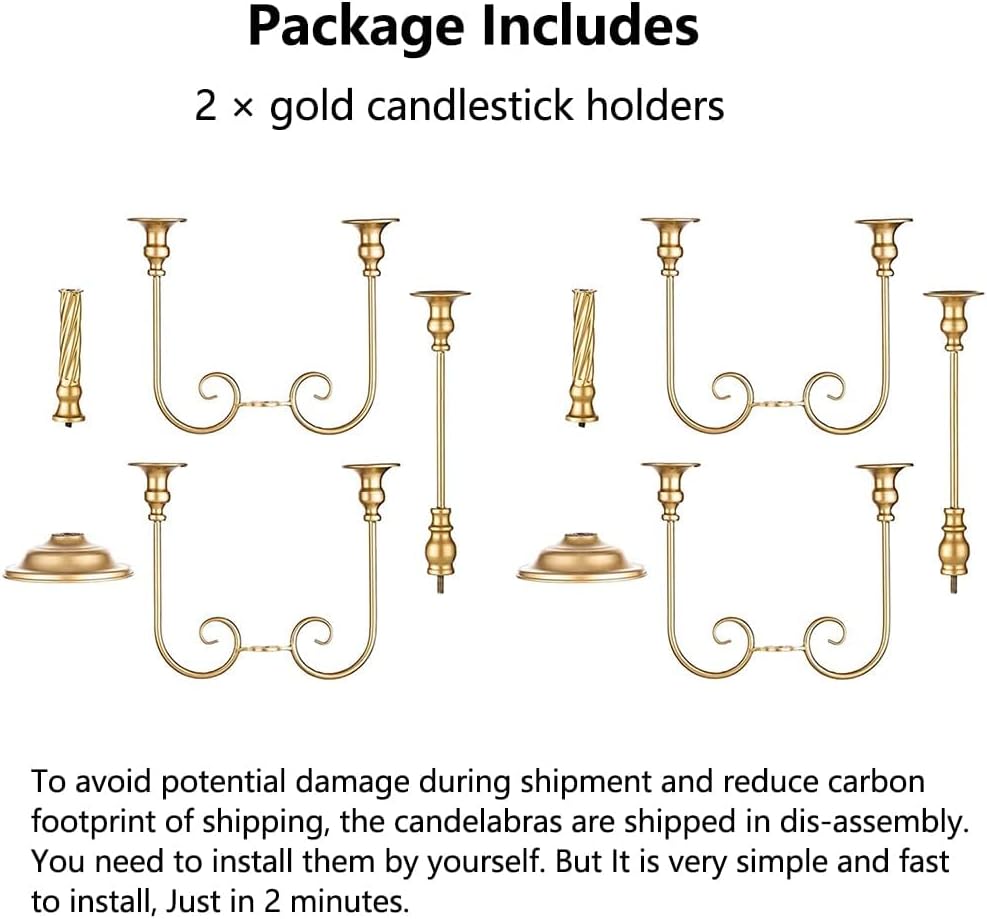Metal Candelabra Gold Candle Stand 20in Tall, 5-Candle Candlestick Holder for Taper Candles, Candle Holder Party