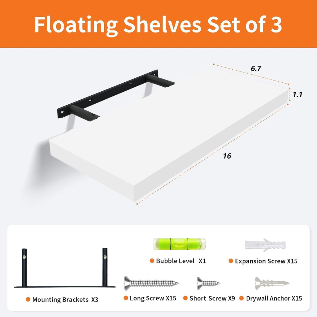 White Floating Shelves - Set of 3, 16" Wall Mounted Shelves Decor, Living Room, Bedroom, Bathroom, Kitchen