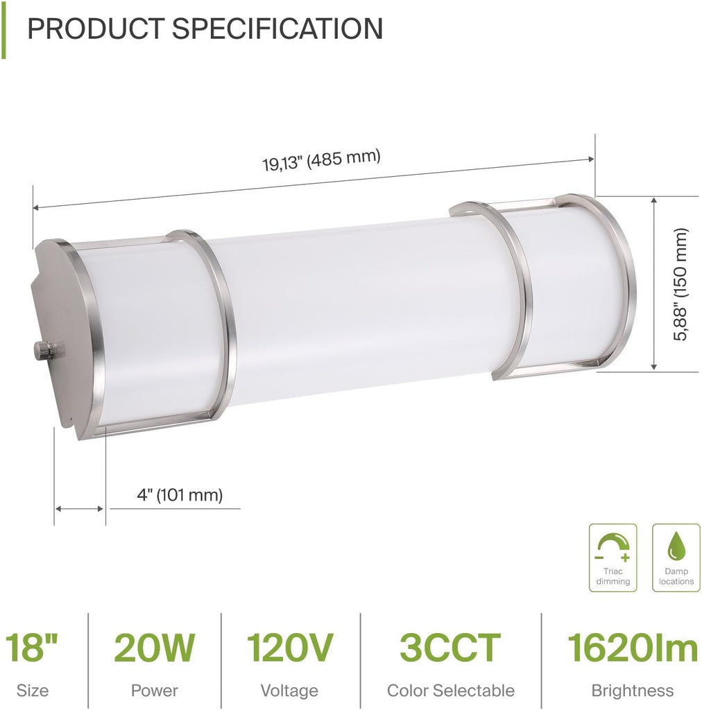 LED 18" Vanity Flush Mount Light Fixture, Linear Bathroom Lighting Bar | 3CCT, Dimmable, Energy Star, ETL Listed |