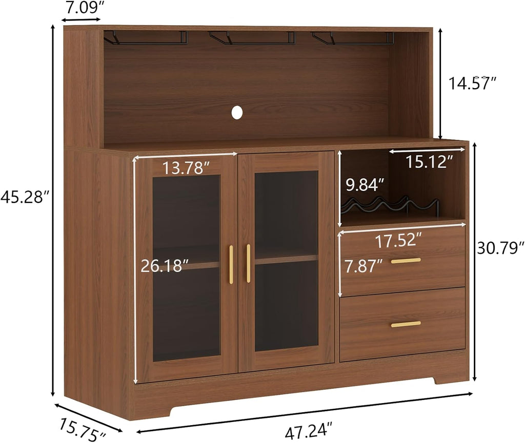 Bar Cabinet with LED Light,Coffee Bar Cabinet w/ Wine & Glass Rack | Kitchen Buffet Sideboard with Storage