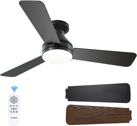 Ceiling Fans with Lights, 42 inch Low Profile Ceiling Fan with Light and Remote Control, Flush Mount, Reversible, 3CCT, Dimmable, Noiseless, Black Ceiling Fan for Bedroom, Indoor/Outdoor Use A102-B0C61JBT71