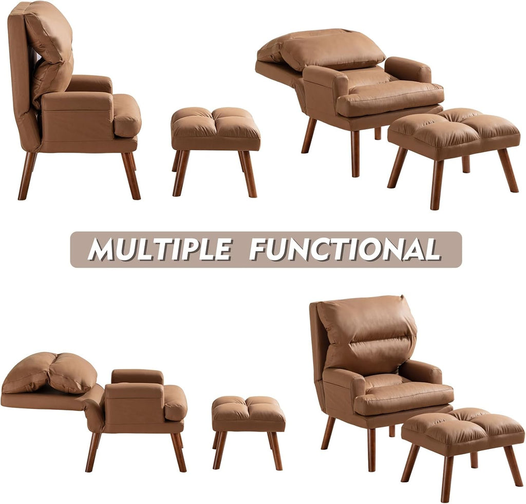 Modern Accent Chair with Ottoman, Soft Fabric Armchair with Adjustable Backrest and Side Pockets, Comfy Lounge Chair