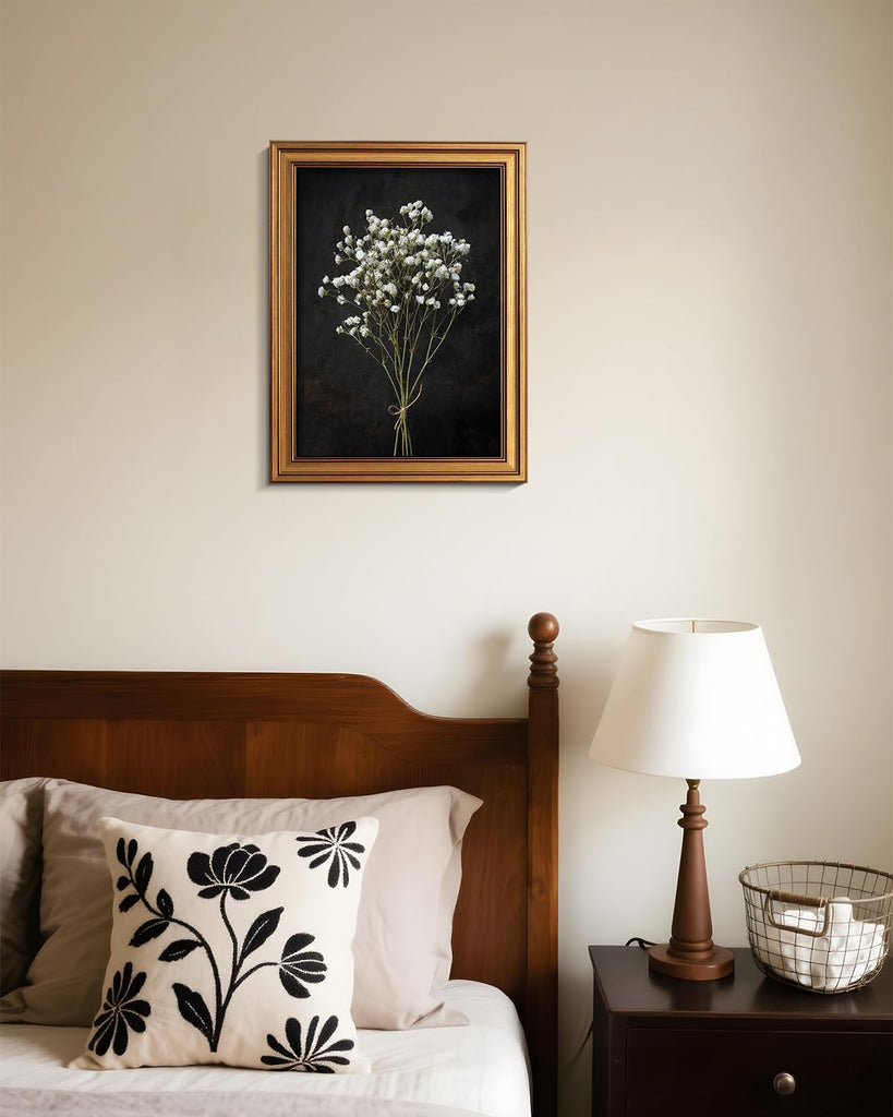 Vintage Gold Framed Wall Art, Retro Dark Dried Wildflower Canvas, Aesthetic Classic Botanical Baby Breath Bouquet