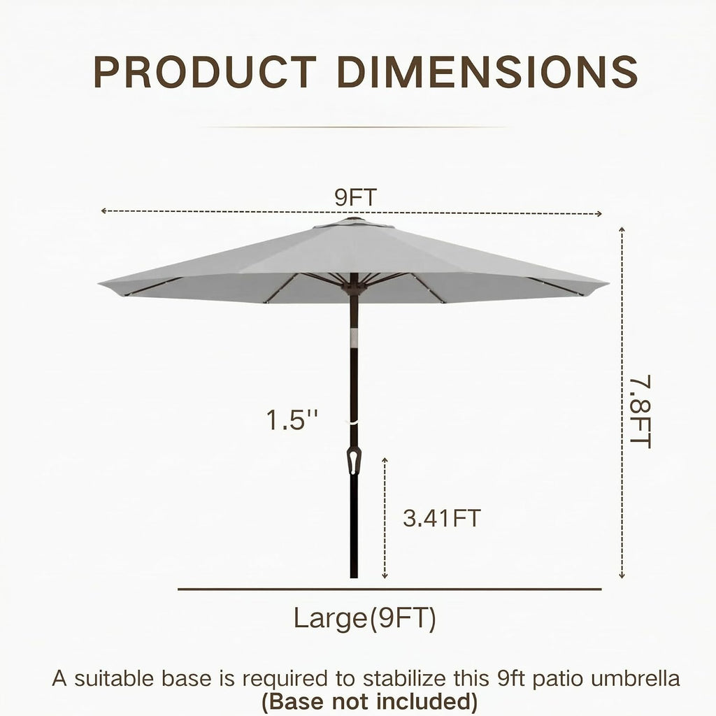 9FT Outdoor Patio Umbrella with Solar Lights, Market Table Umbrella with Push Button Tilt & Crank, 8 Sturdy Ribs