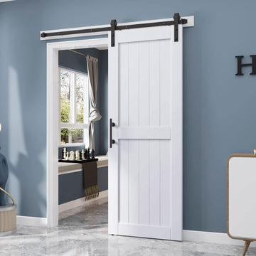 32 x 84 inch White Barn Door with 5.5FT Sliding Door Hardware Kit Included & Handle,Solid Wood Cover