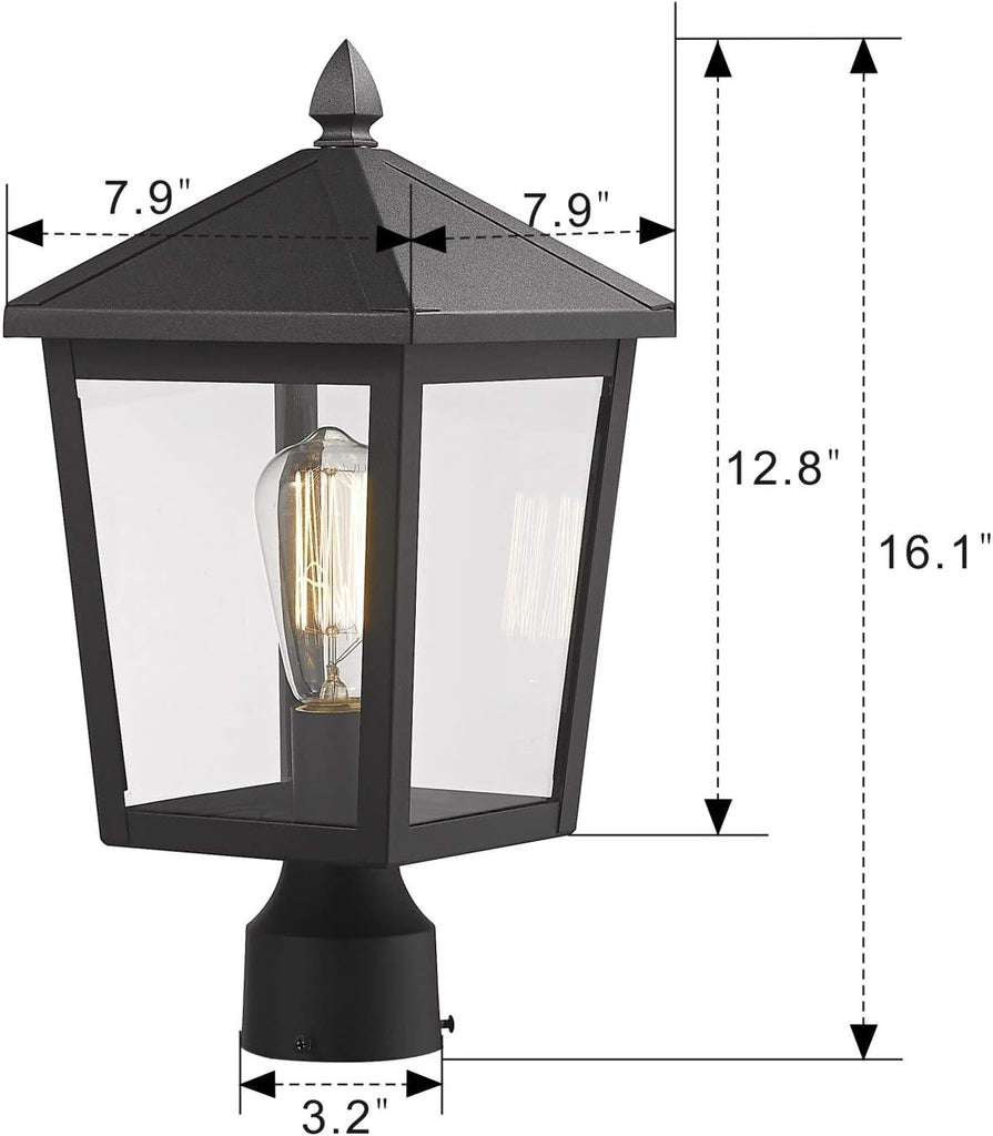 Outdoor Post Light, 16 Inch Exterior Pole Light Pillar Lantern with Clear Glass Shade and Black Finish