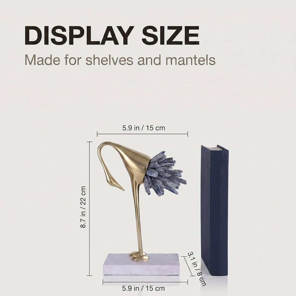 Gold Crane Statue with Blue Crystal Tail, 8.7-Inch | Brass Bird Sculpture on Marble Base, Modern Tabletop Decor and