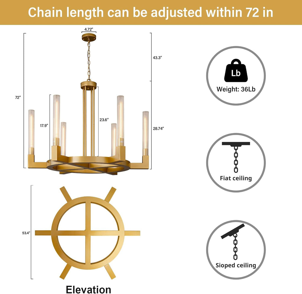 Inspired Cannele Style Farmhouse Chandelier with Glass Tube, Gold 6-Lights Wagon Wheel Chandeliers,Gold sconces Wall Lighting, 19" Knurling Brass Wall Sconces Set of Two
