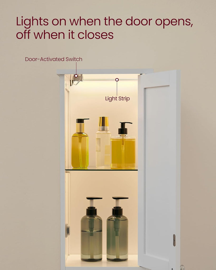 Tall Storage Cabinet with Lights, Slim Freestanding Cabinet with Adjustable Shelves, for Small Spaces, Bathroom