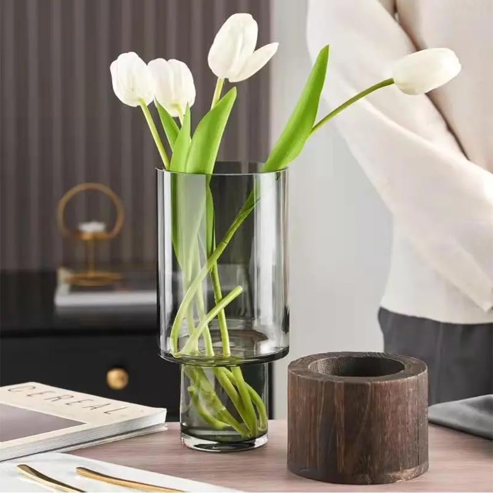 Artistic Wood Glass Vase, 10" H, Wooden Base Cylindrical Flower Vase, Classic Boho Rustic Style for Fireplace