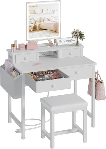White Makeup Vanity Desk with Mirror and Lights, Vanity Set with Chair, Make Up Dresser Table with Drawers and Power