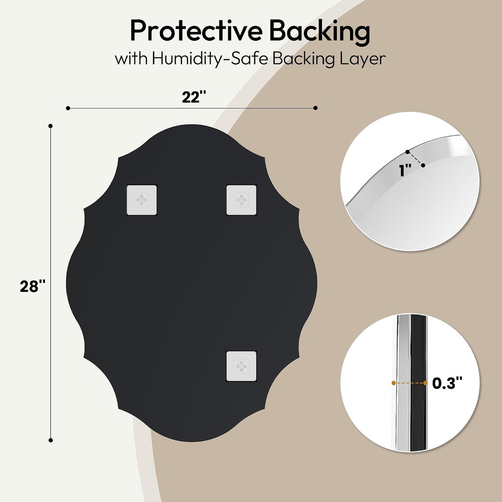 22" x 28" Frameless Scalloped Wall Mirror, Beveled Edge Bathroom Vanity Mirror with Reinforced Backing for
