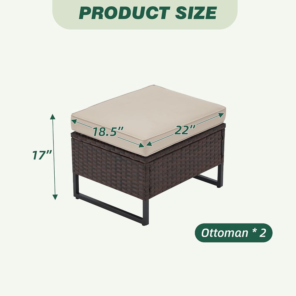 Outdoor Wide Wicker Ottomans Set of 2, All-Weather Rattan Ottoman Seat for Garden, Backyard and Balcony, Patio