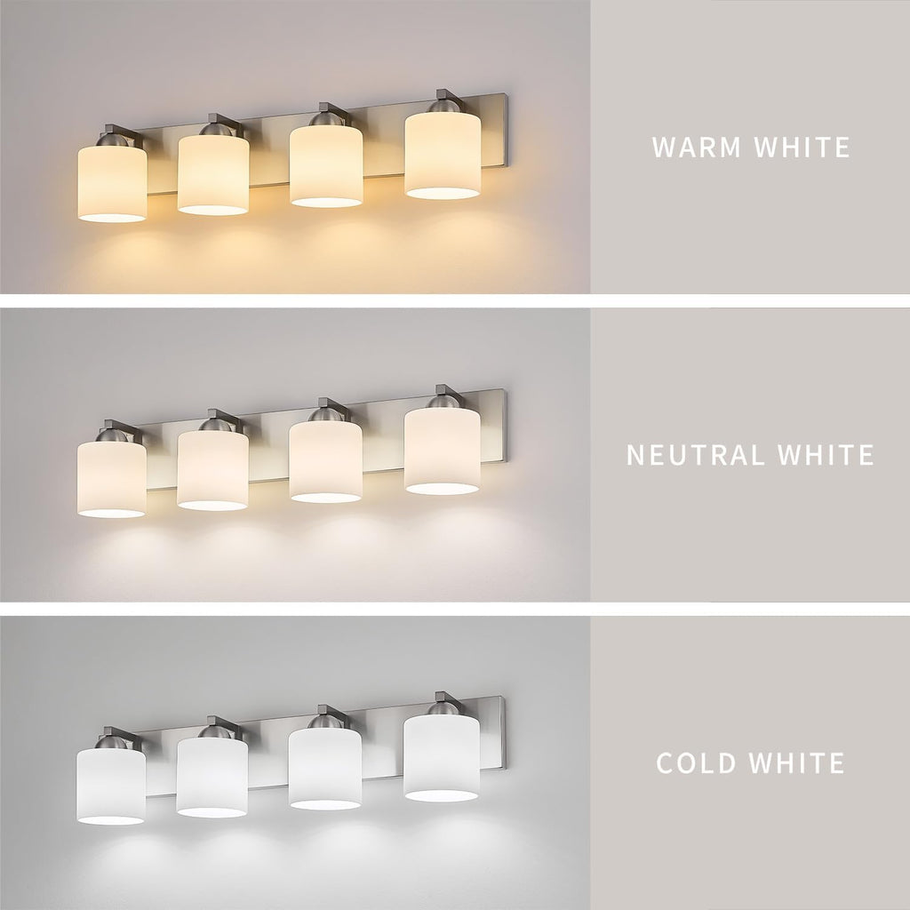 4-Light Brushed Nickel Bathroom Vanity Light with White Glass Shades | makeup vanity illumination grooming station