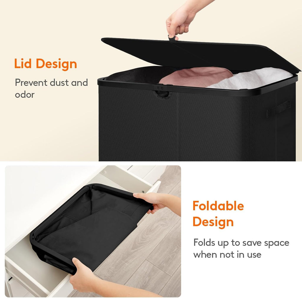 185L 3 Section Laundry Hamper with Lid, Large Laundry Basket with Handles and Removable Bags, Tall Clothes Hamper