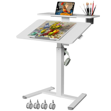 28" Mobile Standing Desk, Tiltable Top with 2-Tier Shelves, White