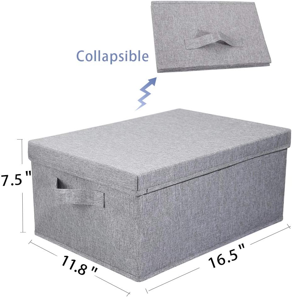 Linen Foldable Storage Bins with Lids, 2 Pack, Storage Boxes with Carrying Handles and Sturdy Heavy Cardboard, 16.5"