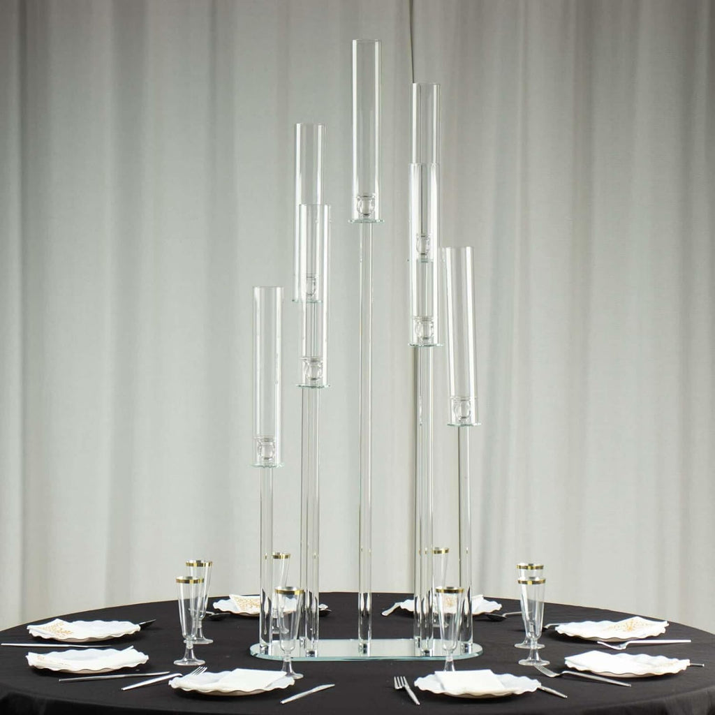 47" Clear Crystal 7-Arm Cluster Wedding Aisle Candlestick Stand with Hurricane Shades, Taper Candle Candelabra Table