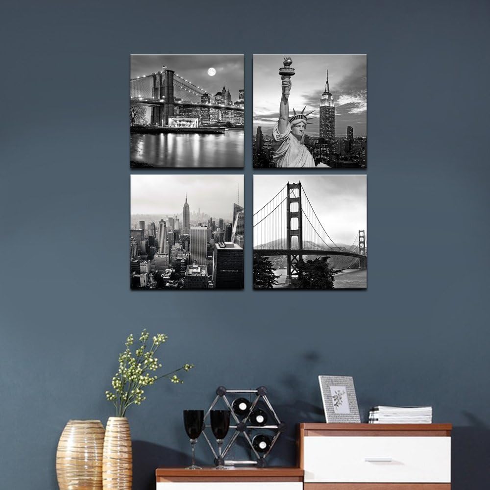Black and White City Wall Art Modern Brooklyn Bridge Picture Prints US Cityscape Canvas Artwork Home Decor