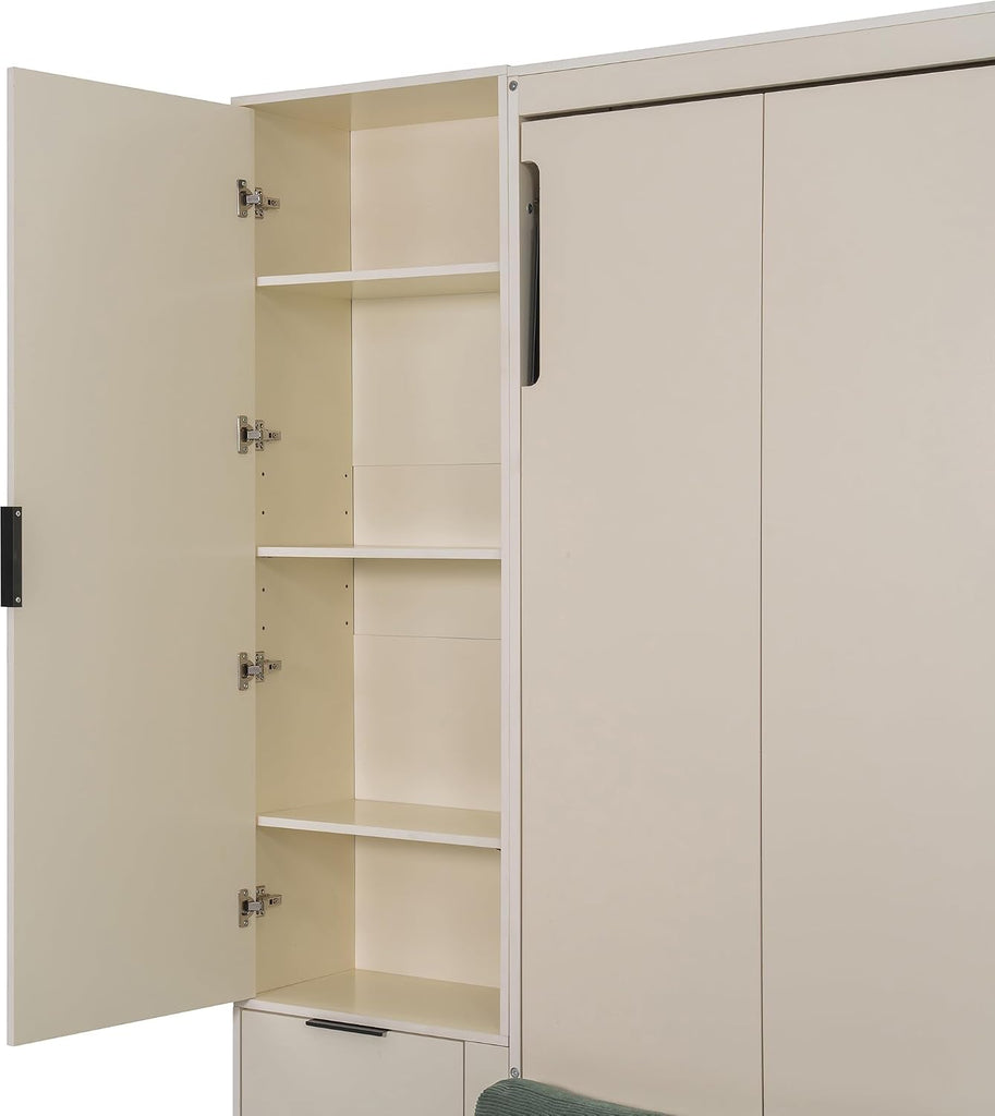 Queen Foldable Murphy Bed with Sofa and Desk, Wall Cabinet Bed with Hydraulic Storage, Shelves & Drawers, LED/USB