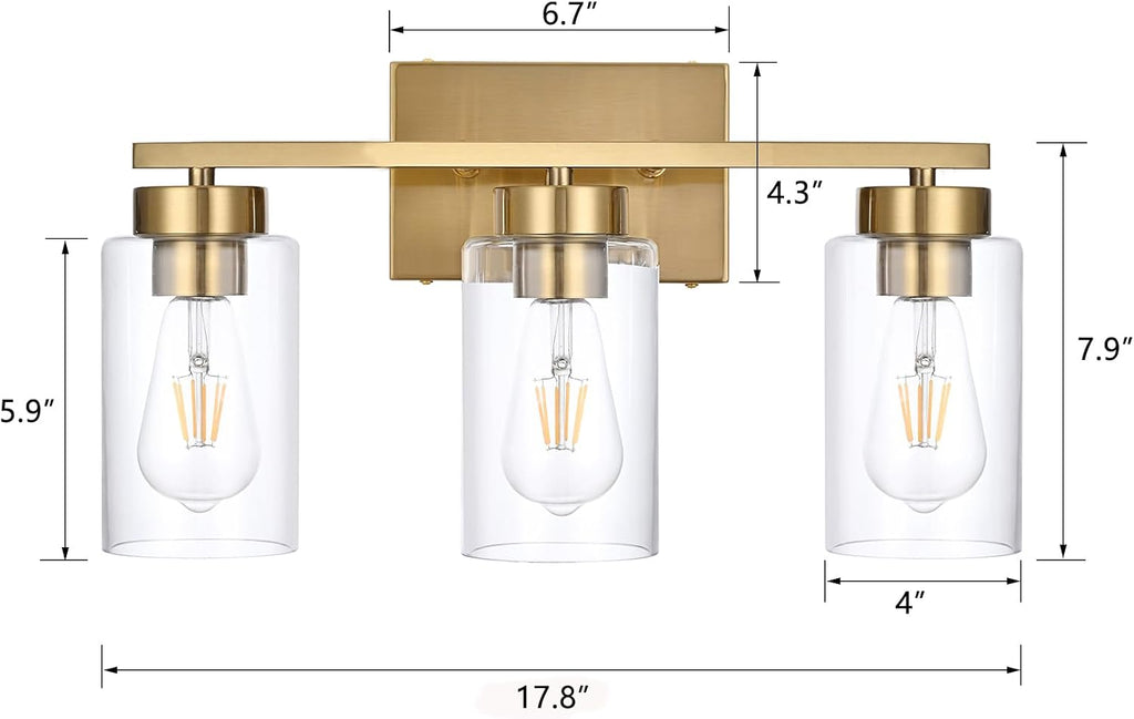 3-Light Bathroom Vanity Light, Modern Brushed Gold Wall Lights with Clear Glass Shades, Bathroom Wall Sconce Lamp for
