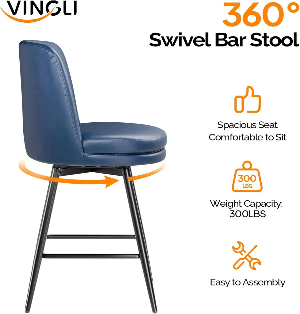 26" H Swivel Barstools Set of 1, PU Faux Leather Upholstered Counter Height Bar Stool with Back, Kitchen High Chairs