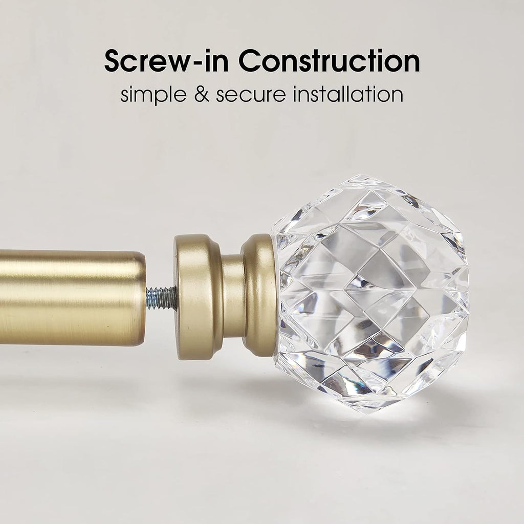 Decorative Curtain Rod Finials Luxury Crystal-clear Faceted, Round, Set of 2, Compatible with 1'' or 1-1/8'' dia