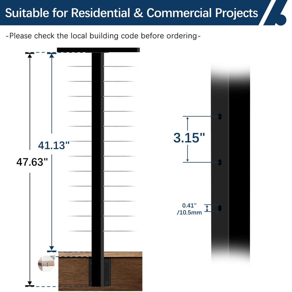 4 Pack Side Mount Cable Railing Post for 42" Railing System (Post Body 48"), Level Drilled Space-Saving Fascia Mount