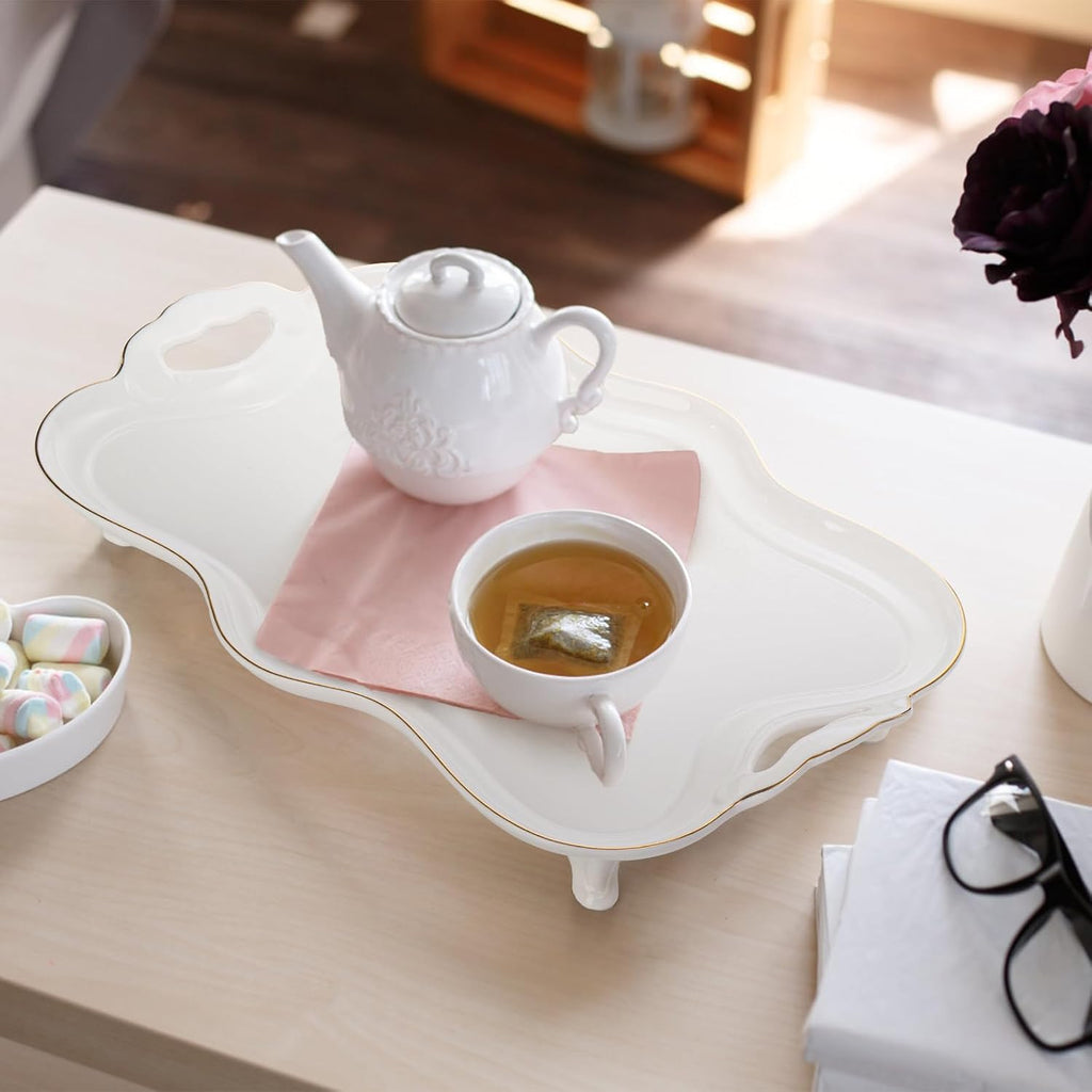 16" Large Ceramic Serving Tray with Handles, Footed Rectangular Coffee Table Tray with Gold Rim, Vintage Decorative