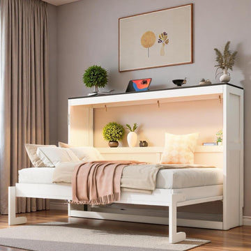 Twin Murphy Bed Cabinet, Space-Saving Foldable Wall Bed with LED Lights, Wooden Horizontal Murphy Bed Frame for