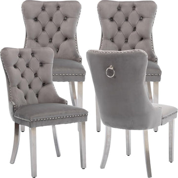 Gray Velvet Dining Chairs Set of 4, Tufted Kitchen & Dining Room Chairs | Four Fabric Dinning Chairs, Velvet
