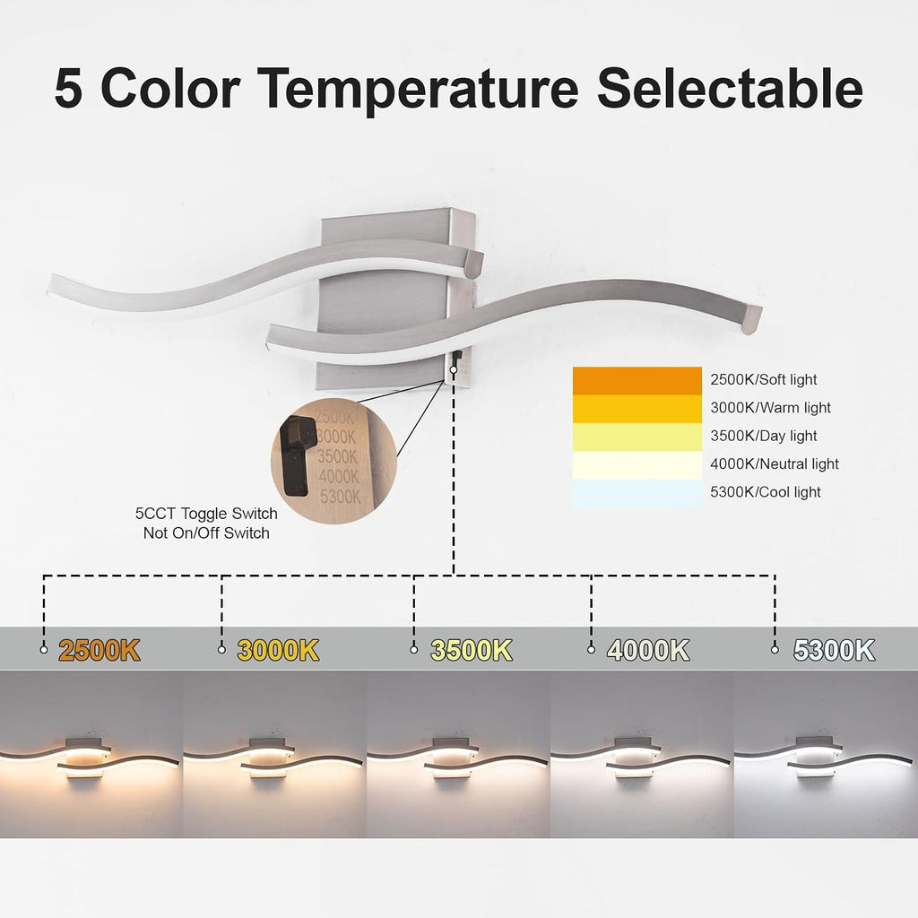 23.62 inch Brushed Nickel LED Vanity Light, 5CCT Dimmable Bathroom Light Fixture Over Mirror, Modern Curved Wall Lamp