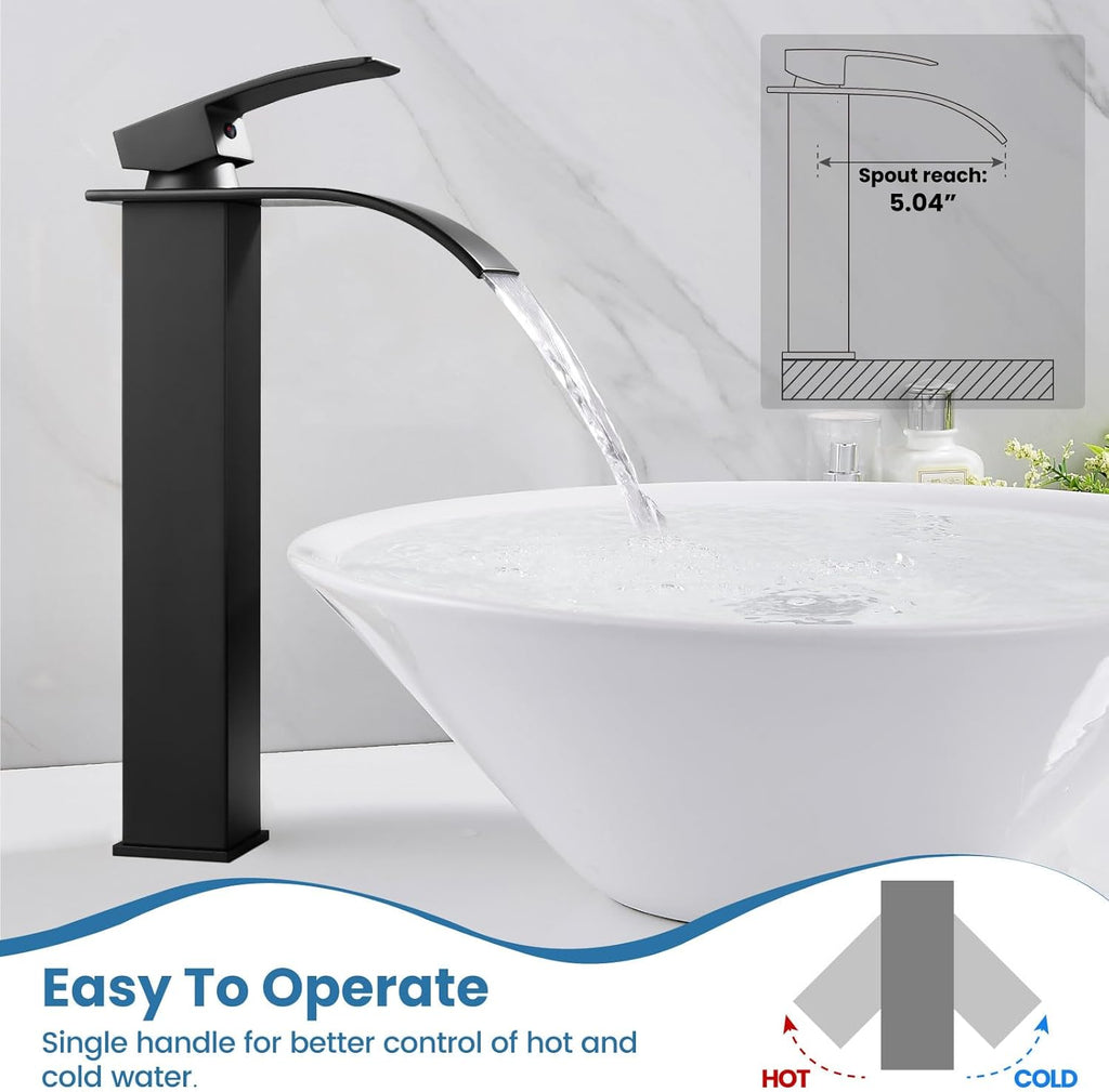 Vessel Sink Faucet, Tall Waterfall Bathroom Faucet, Single Handle One Hole Mixer Bowl Tap with Large Rectangular Spout